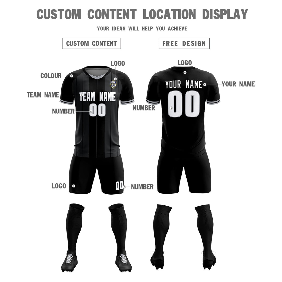 Custom Black Classic Striped Personalized Soccer Tops/Sets Jersey