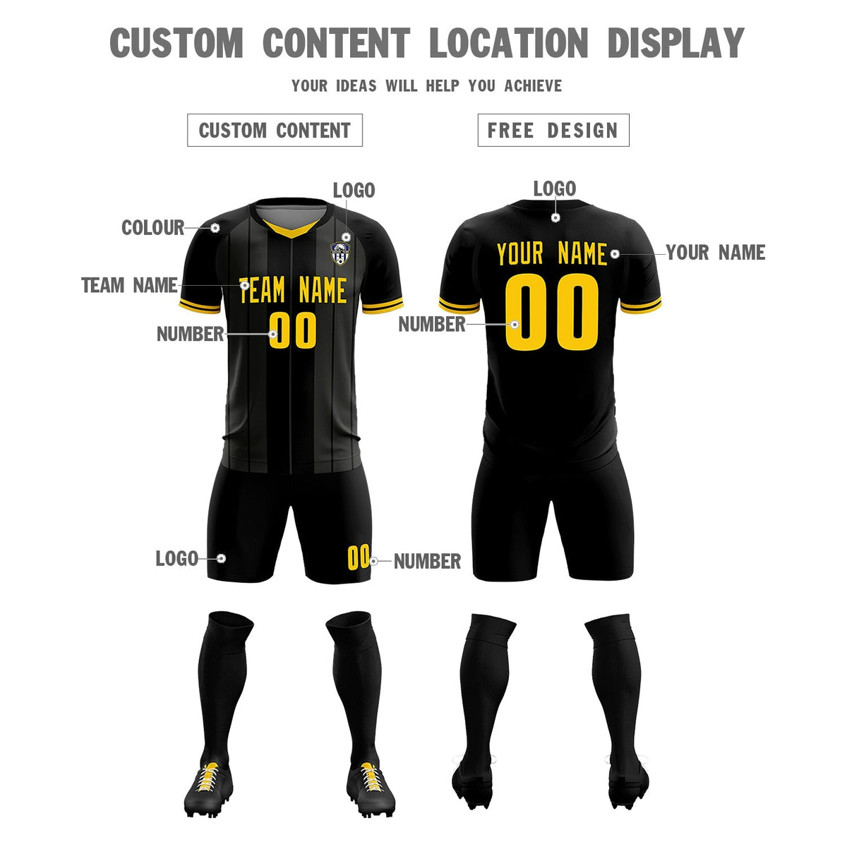 Custom Black Classic Striped Personalized Football Kit Jersey