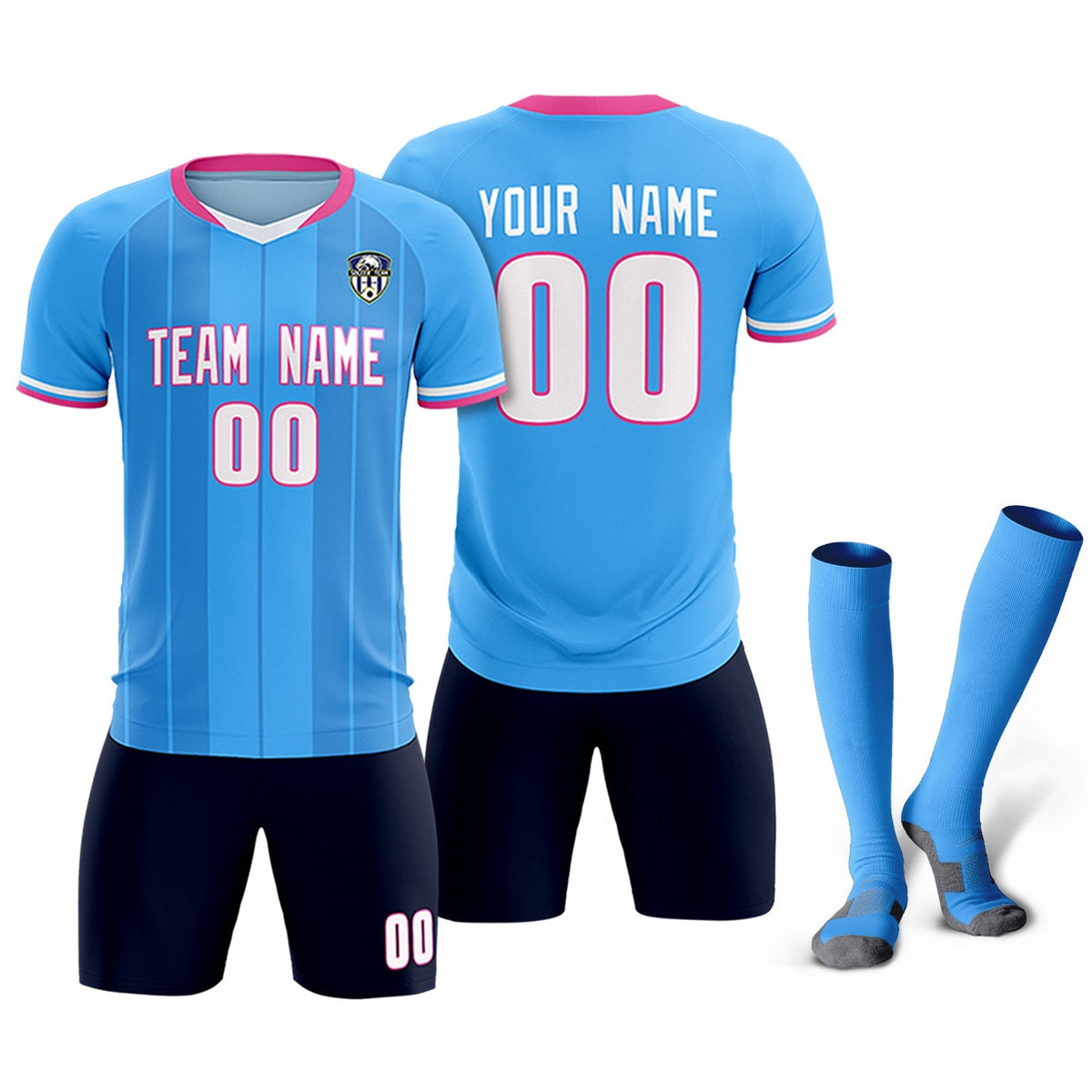 Custom Powder Blue Classic Striped Personalized Soccer Kit Jersey