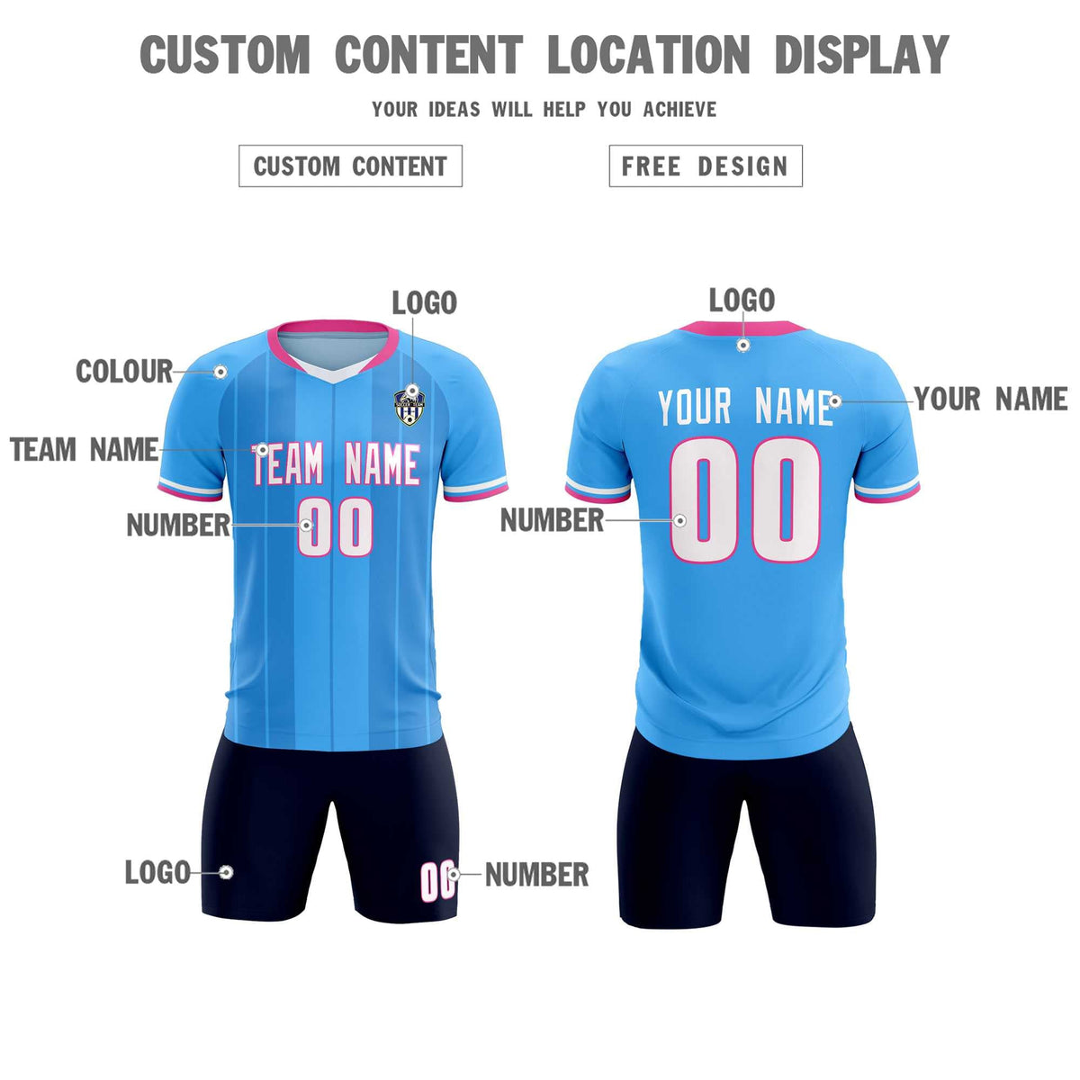 Custom Powder Blue Classic Striped Personalized Soccer Kit Jersey