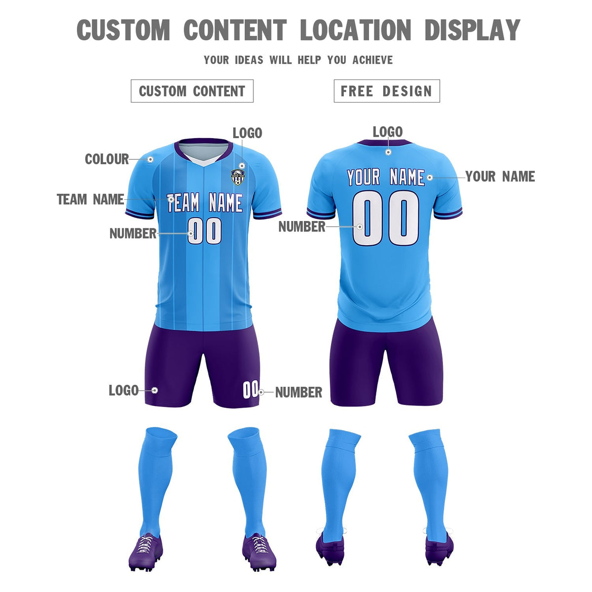 Custom Powder Blue Classic Striped Personalized Soccer Kit Jersey