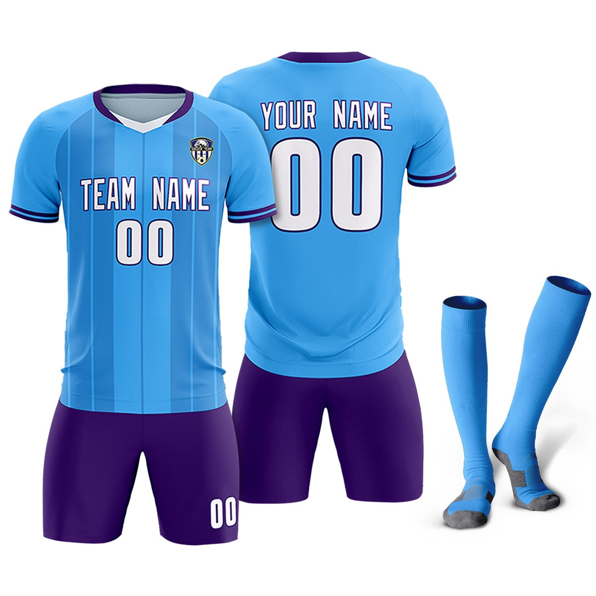 Custom Powder Blue Classic Striped Personalized Soccer Kit Jersey