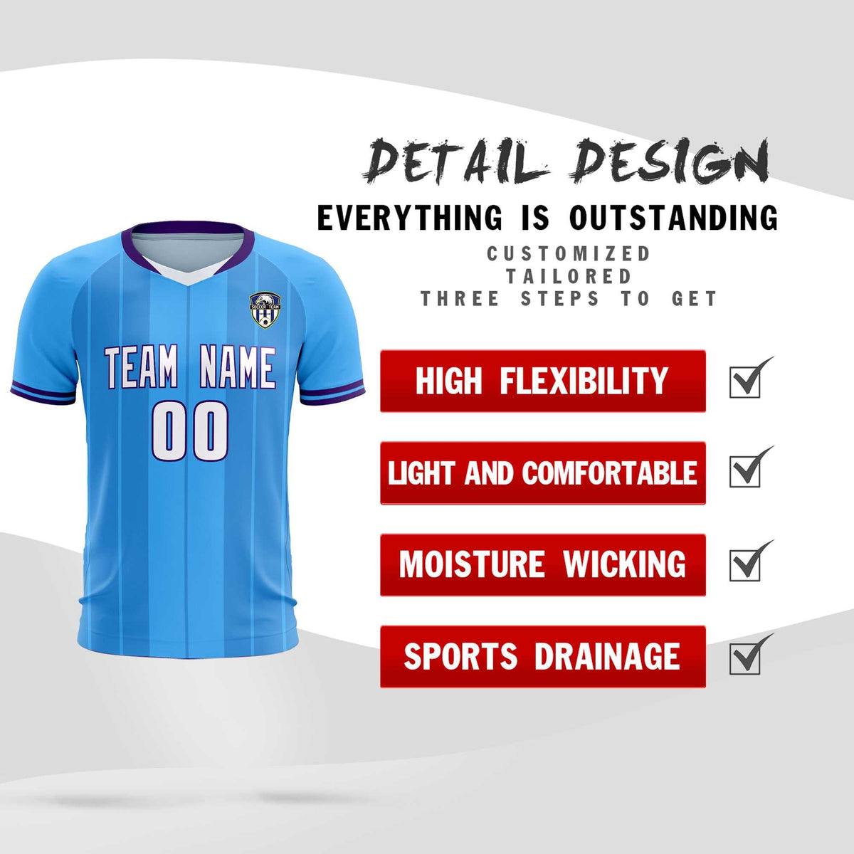 Custom Powder Blue Classic Striped Personalized Soccer Tops/Sets Jersey