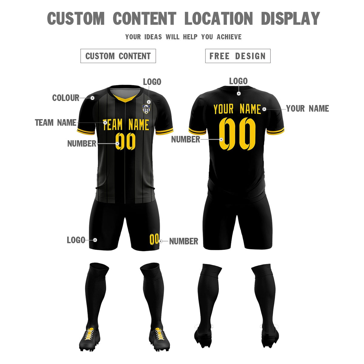 Custom Black Classic Striped Personalized Soccer Tops/Sets Jersey