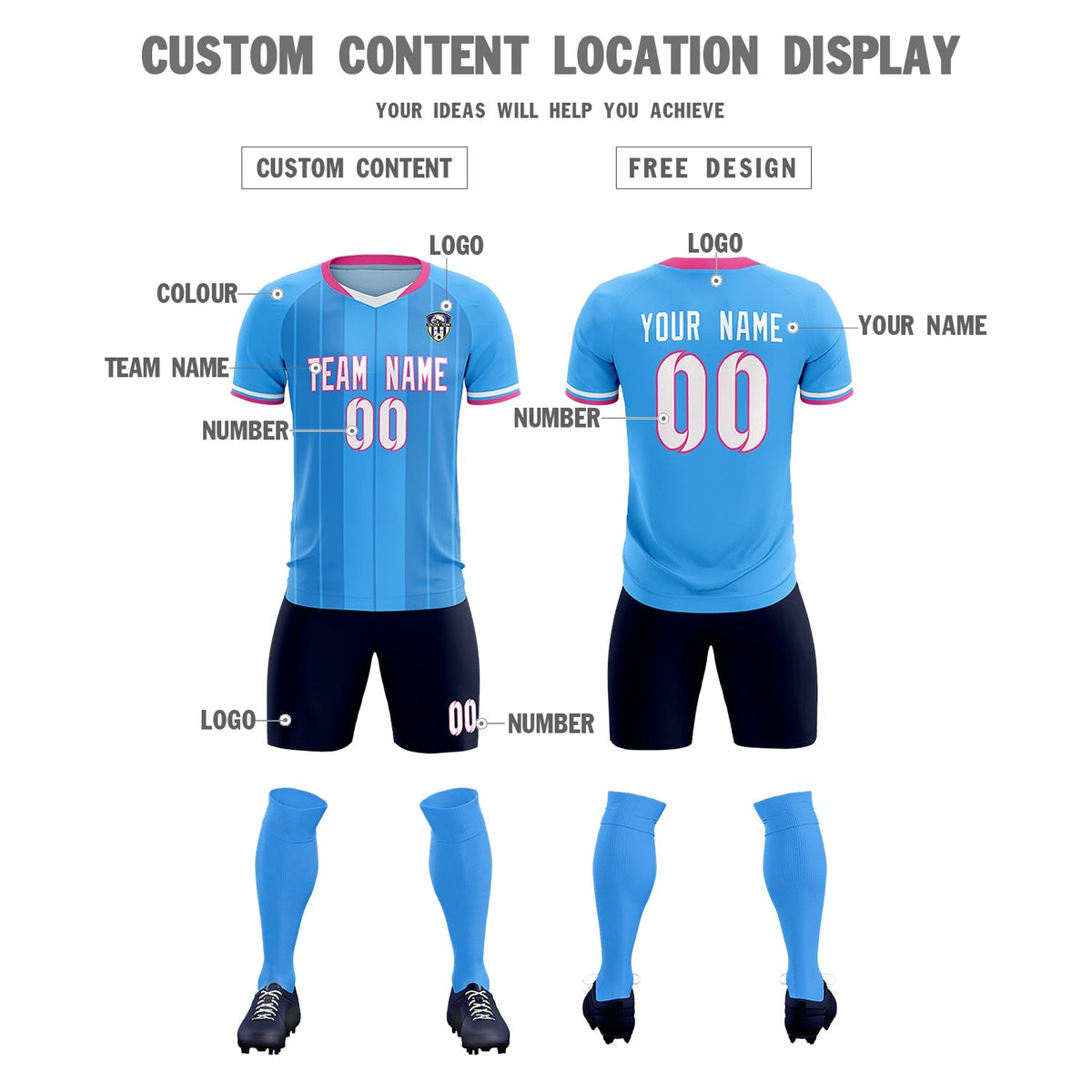 Custom Powder Blue Classic Striped Personalized Soccer Kit Jersey