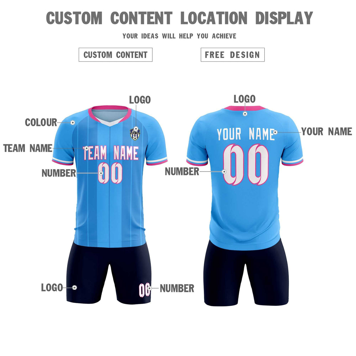 Custom Powder Blue Classic Striped Personalized Soccer Kit Jersey