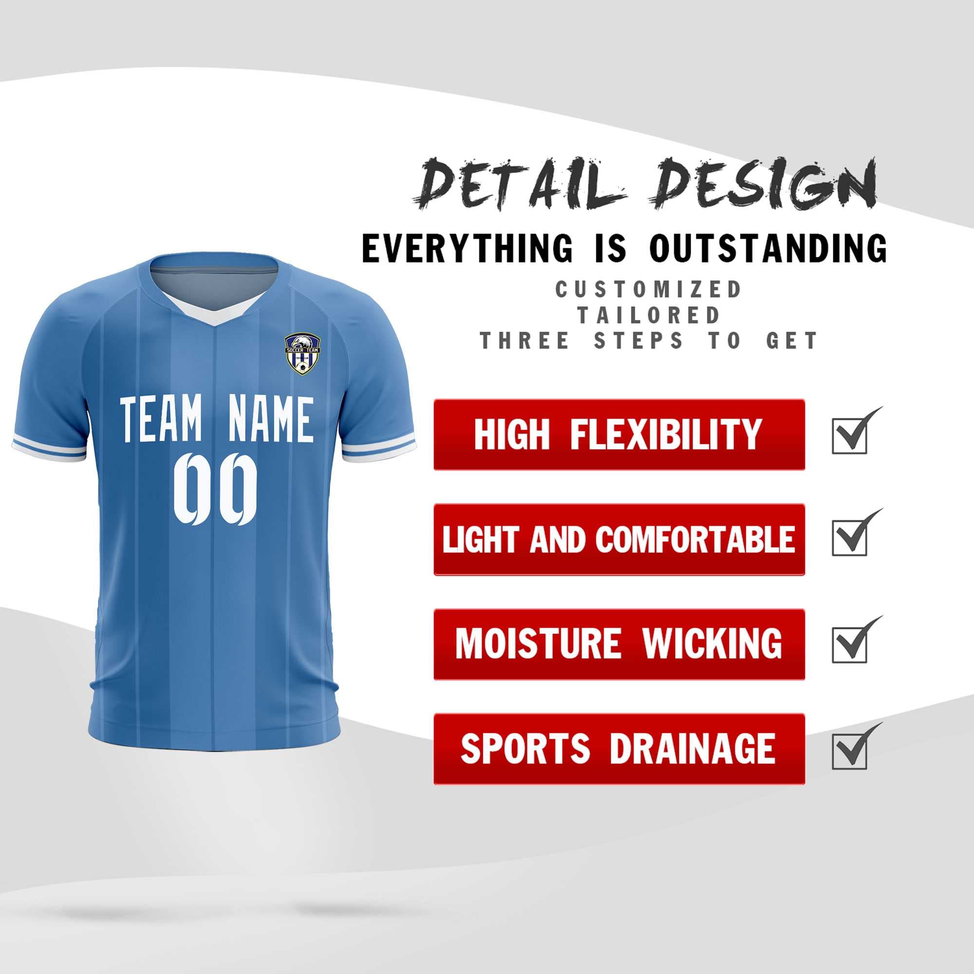 Custom Light Blue Classic Striped Personalized Soccer Tops/Sets Jersey
