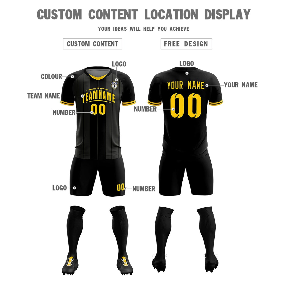Custom Black Classic Striped Personalized Football Kit Jersey