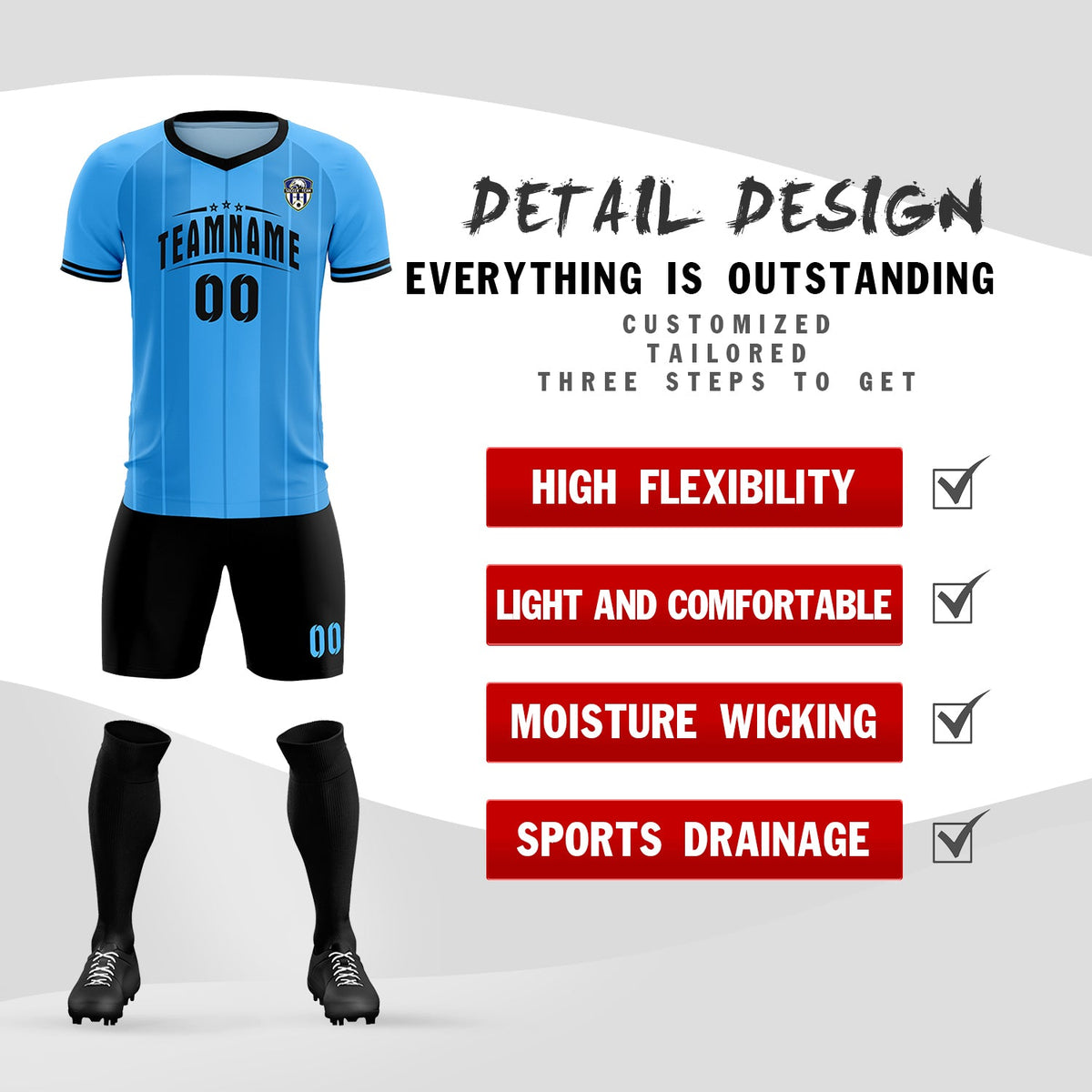 Custom Powder Blue Classic Striped Personalized Football Kit Jersey