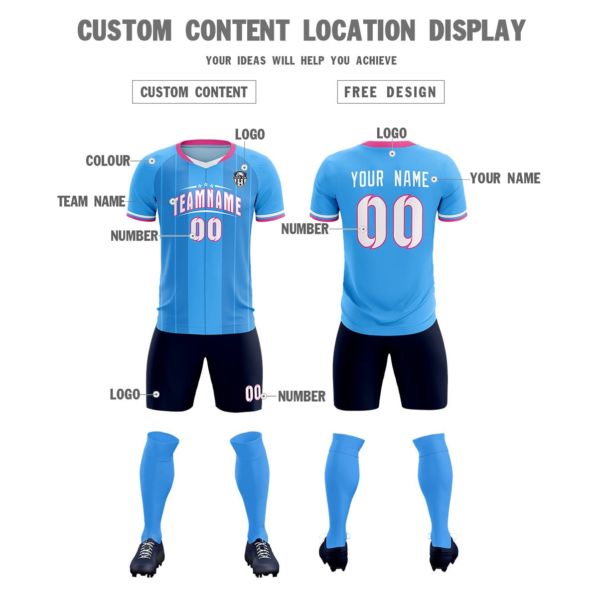 Custom Powder Blue Classic Striped Personalized Soccer Kit Jersey