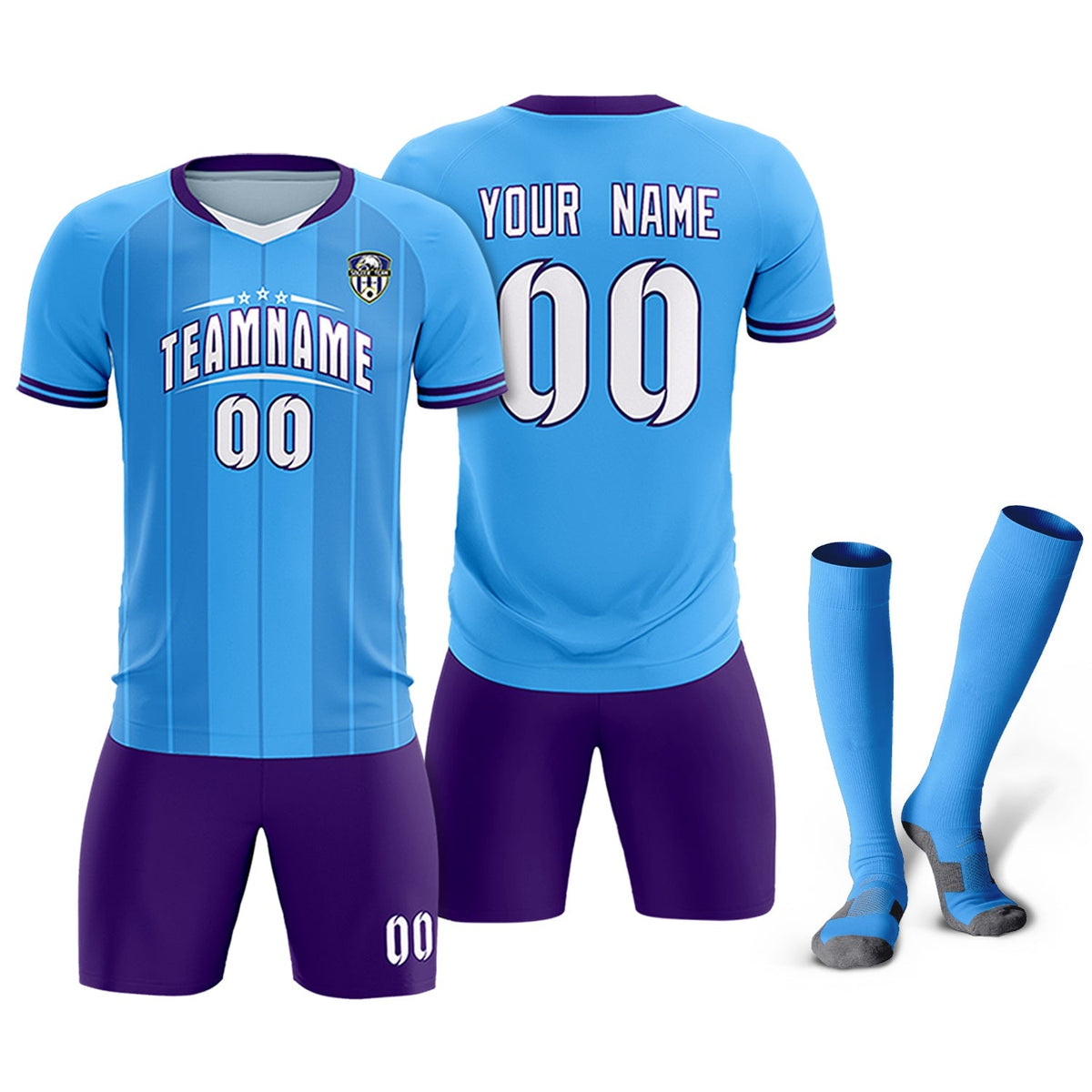 Custom Powder Blue Classic Striped Personalized Soccer Kit Jersey