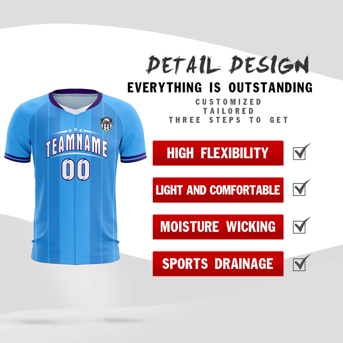 Custom Powder Blue Classic Striped Personalized Soccer Kit Jersey