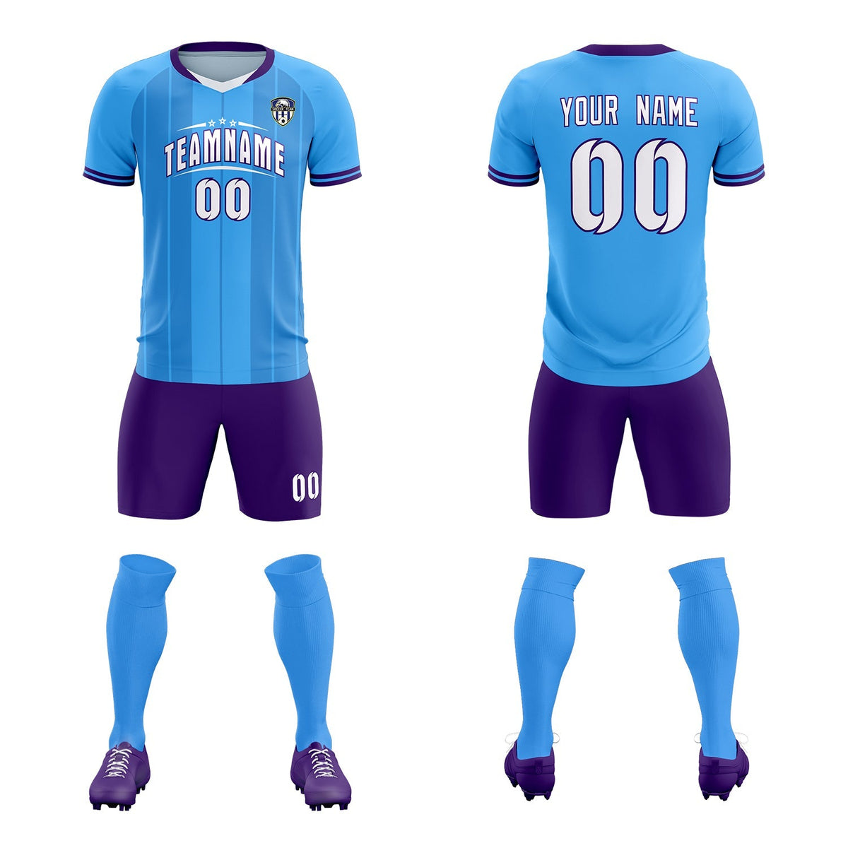 Custom Powder Blue Classic Striped Personalized Soccer Kit Jersey