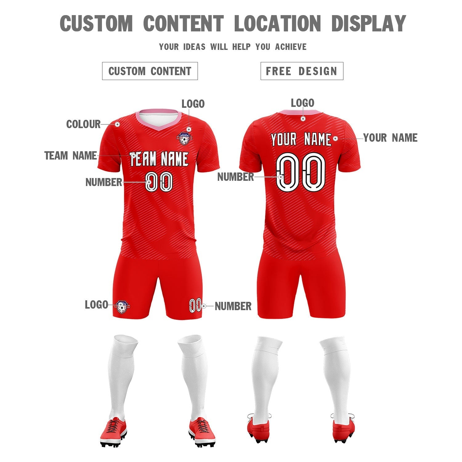 Custom Red Light Pink Training Uniform For Men Soccer Sets Jersey