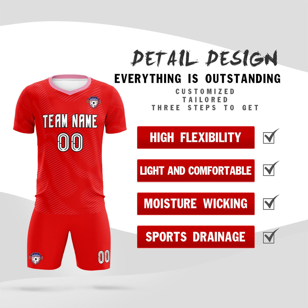 Custom Red Light Pink Training Uniform For Men Soccer Sets Jersey