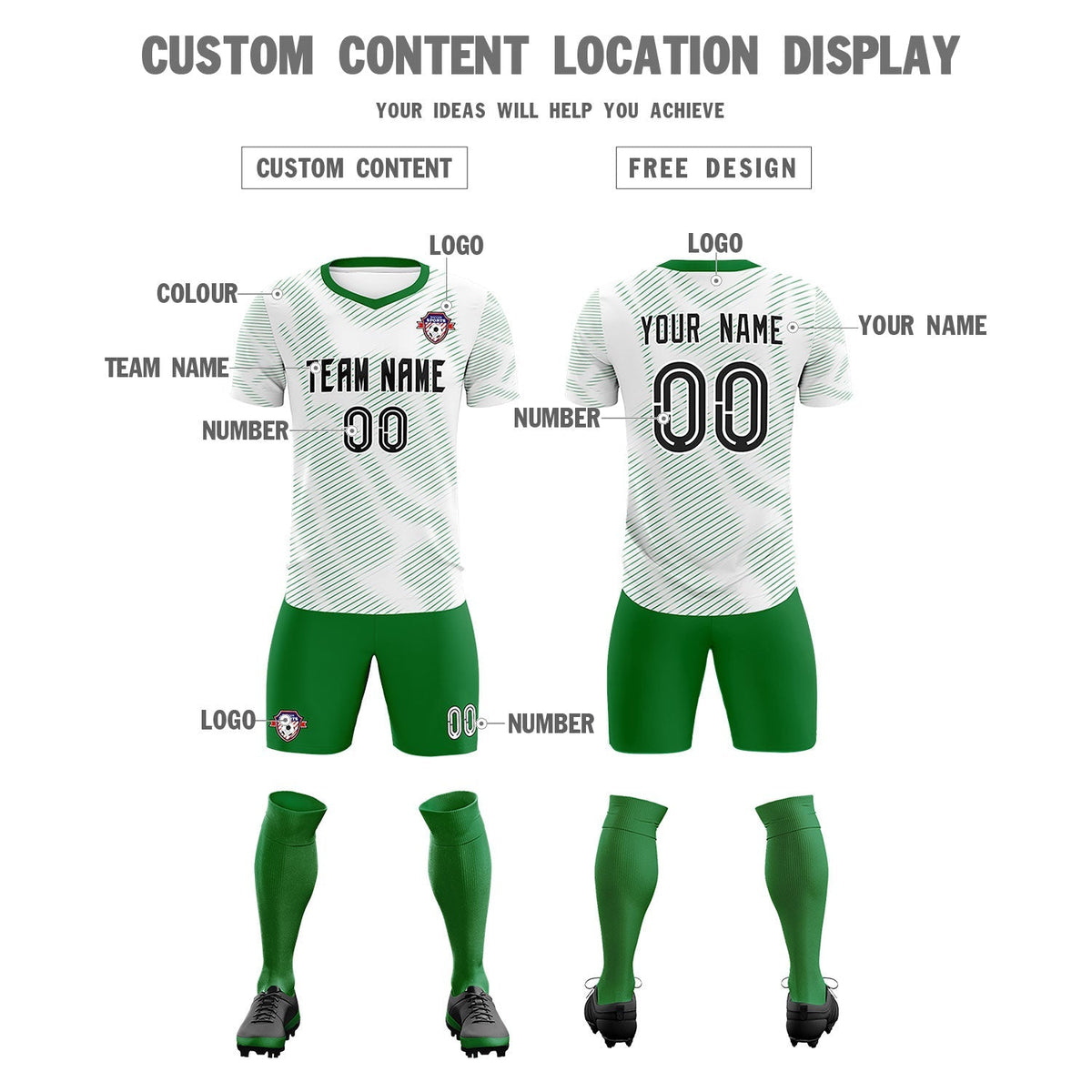Custom White Kelly Green Training Uniform For Men Soccer Sets Jersey