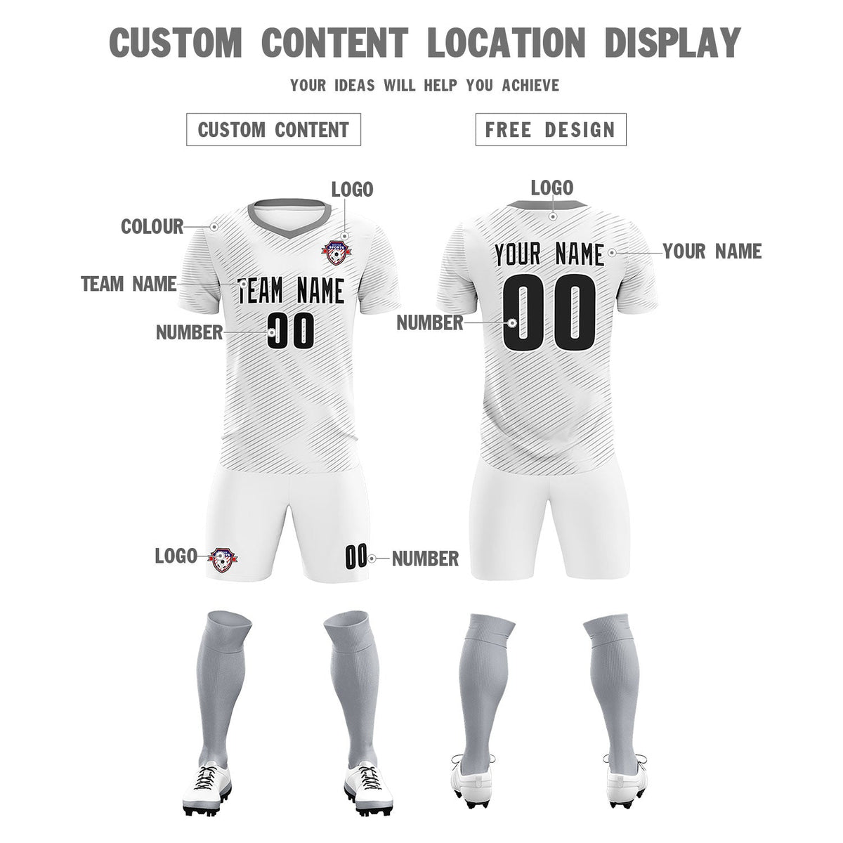 Custom White Gray Training Uniform For Men Soccer Sets Jersey