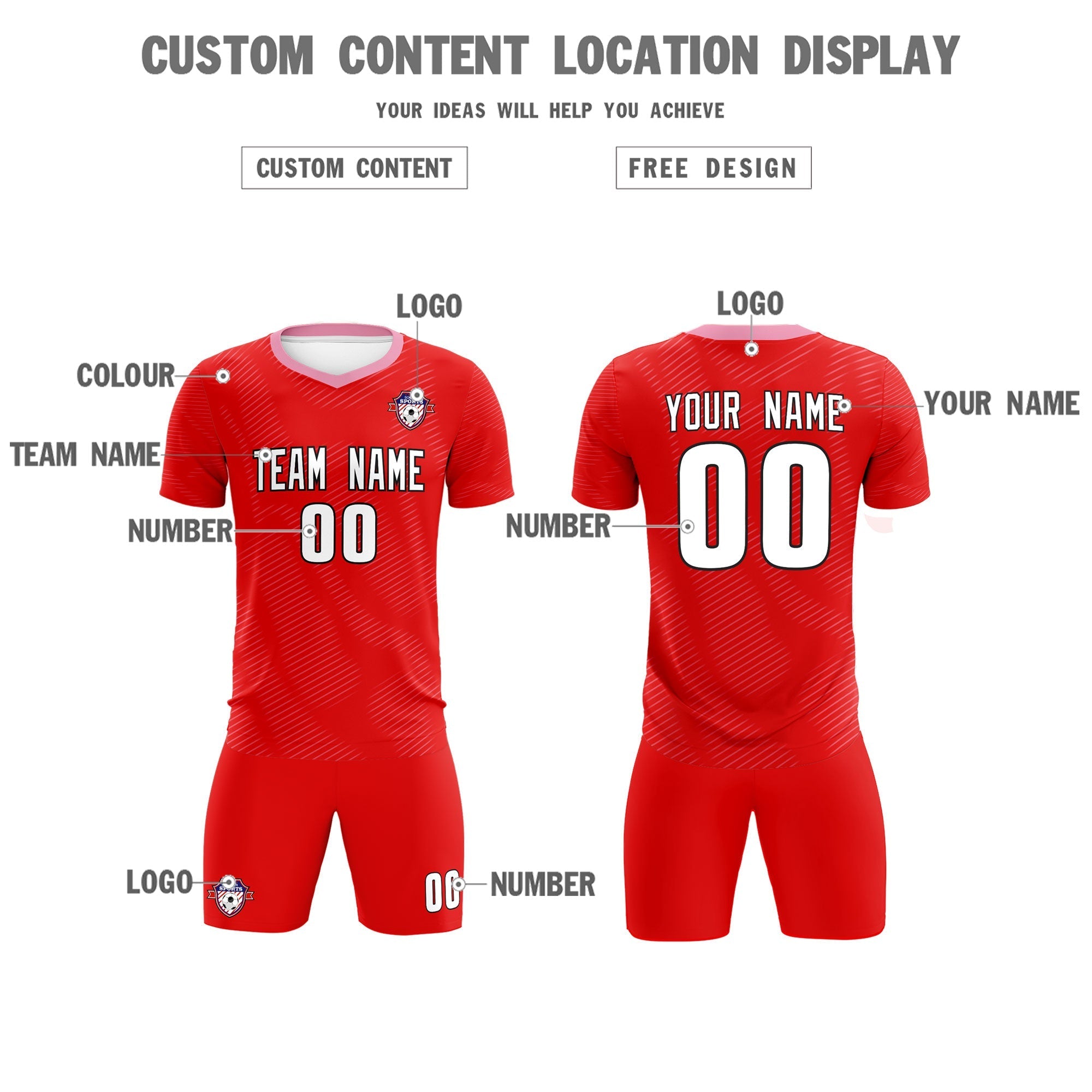 Custom Red Light Pink Training Uniform For Men Soccer Sets Jersey