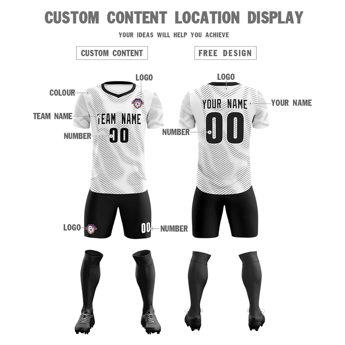 Custom White Black Training Uniform For Men Soccer Sets Jersey