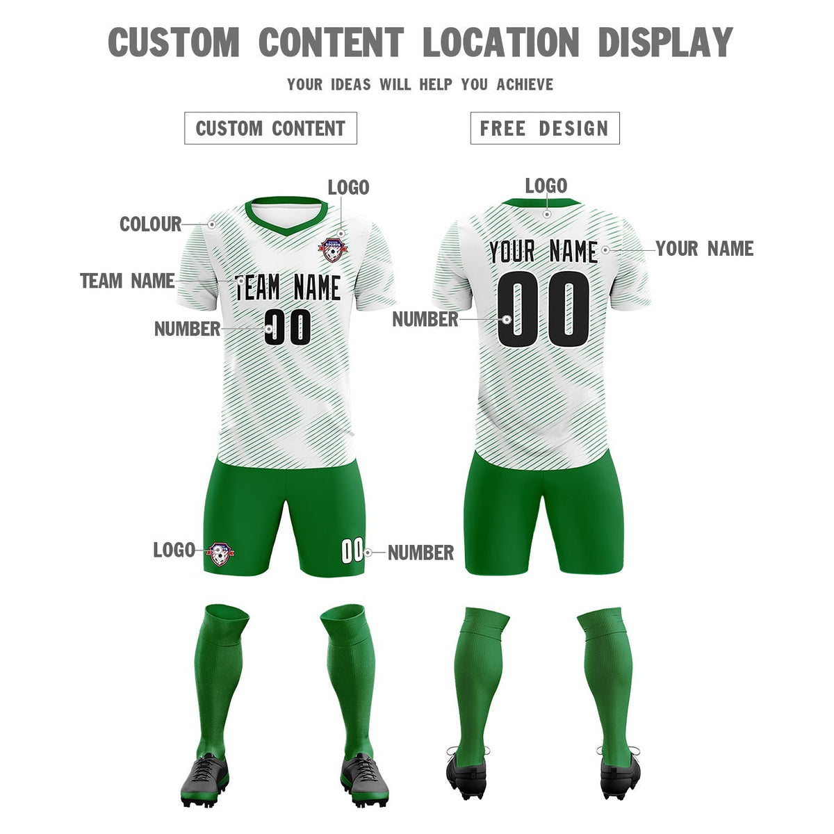 Custom White Kelly Green Training Uniform For Men Soccer Sets Jersey