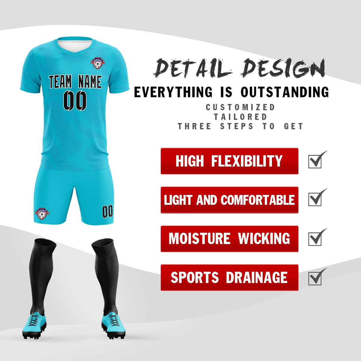 Custom Sky Blue Royal Training Uniform For Men Soccer Sets Jersey