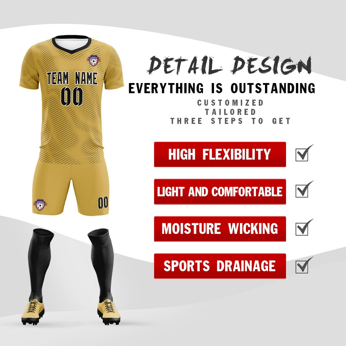 Custom Old Gold Black Training Uniform For Men Soccer Sets Jersey