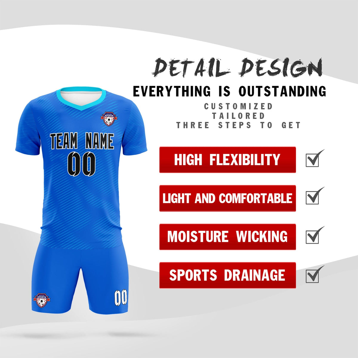 Custom Royal Powder Blue Training Uniform For Men Soccer Sets Jersey