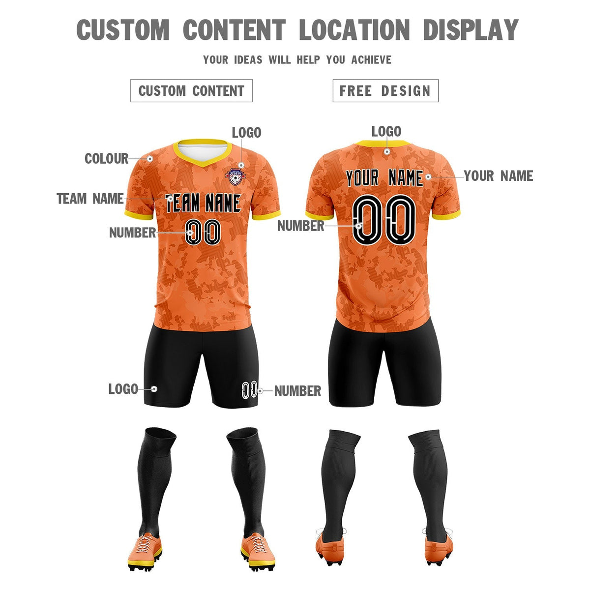 Custom Orange Camo sports Football Kit Jersey