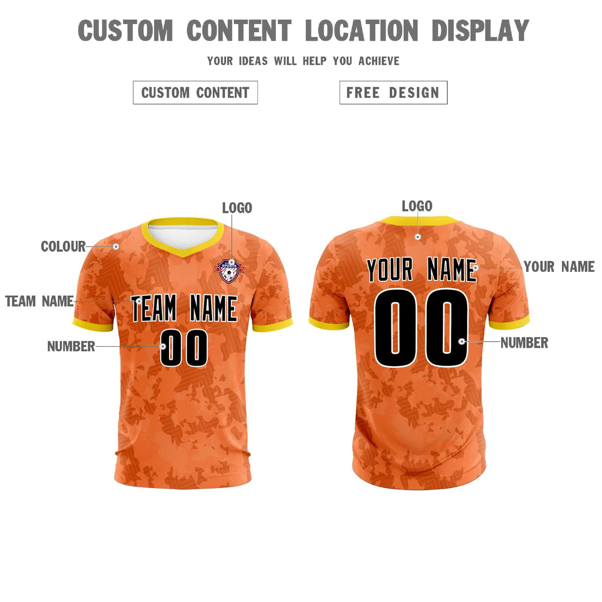 Custom Orange Camo sports Soccer Tops/Sets Jersey