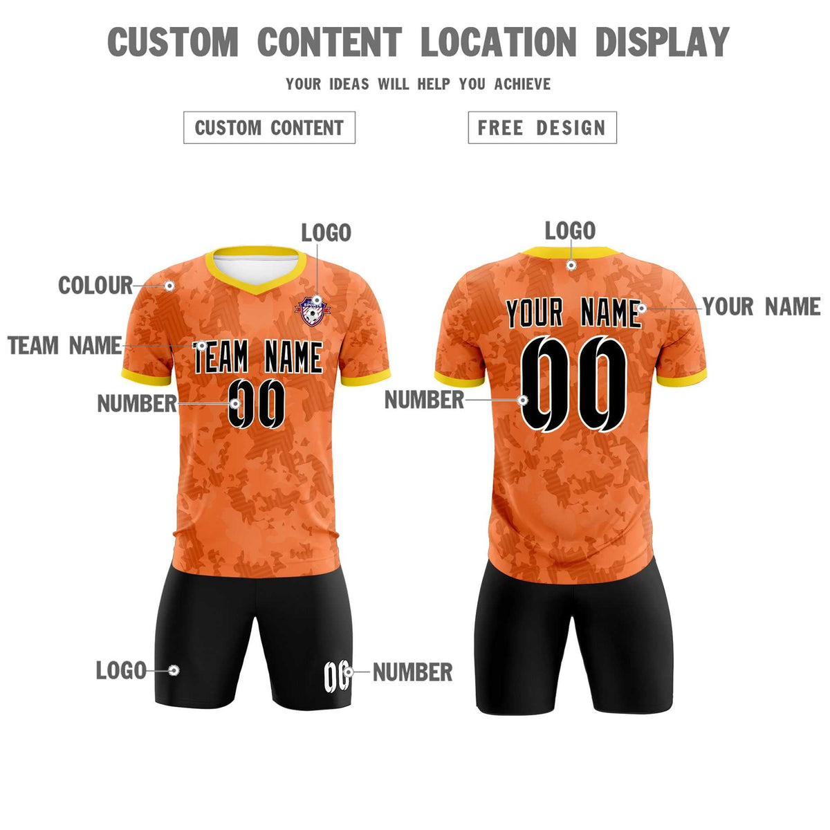 Custom Orange Camo sports Soccer Tops/Sets Jersey