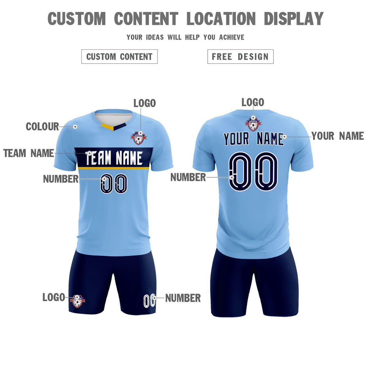 Custom Light Blue Classic Sports kit Football Shirt Jersey