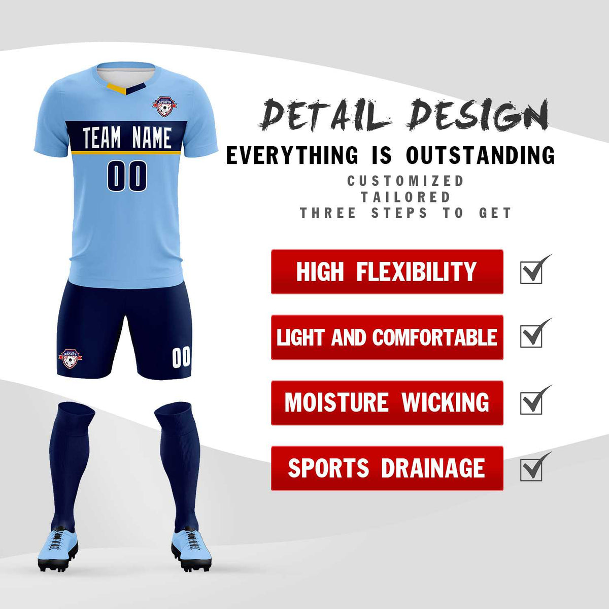 Custom Light Blue Classic Sports kit Football Shirt Jersey