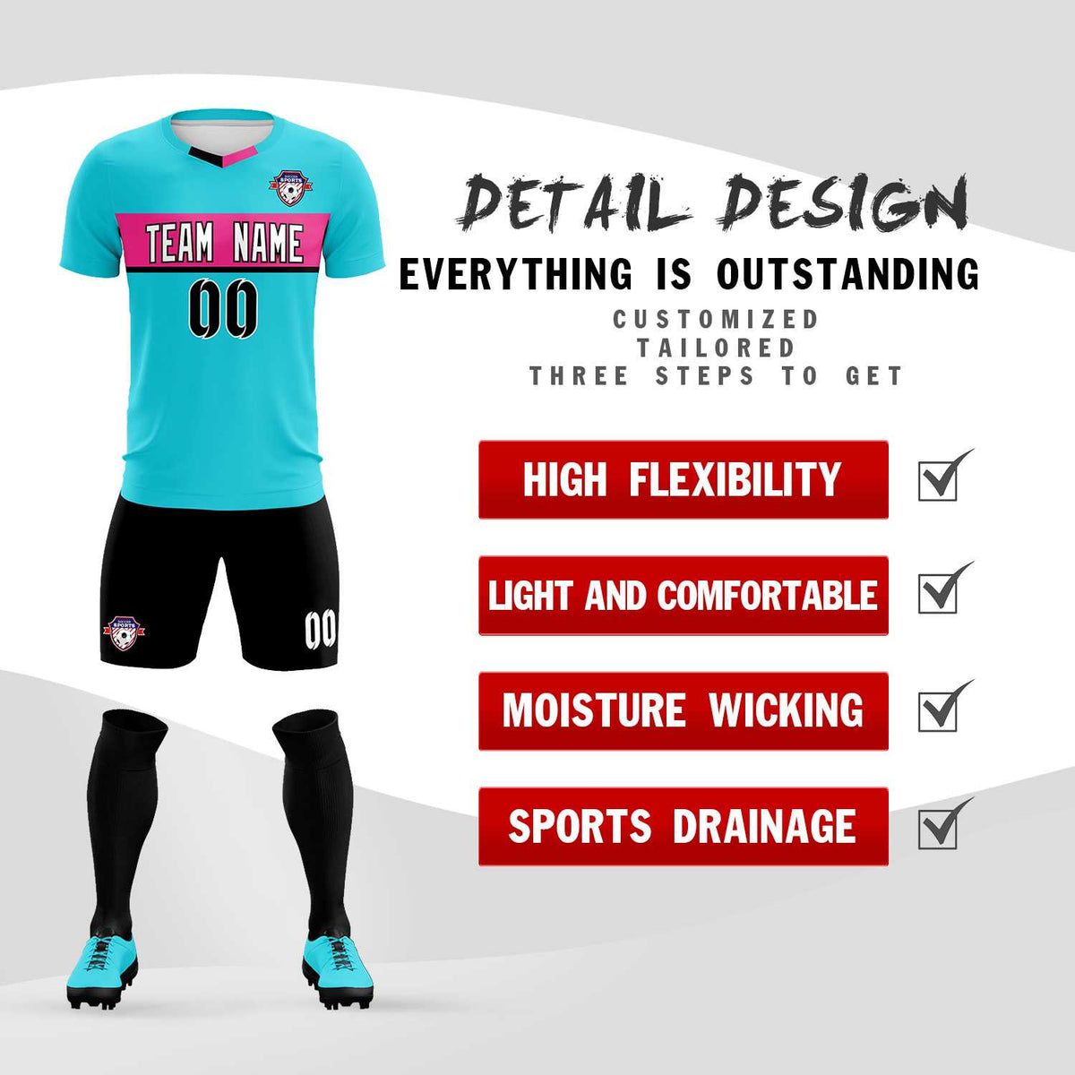 Custom Sky Blue Classic Sports kit Football Shirt Jersey