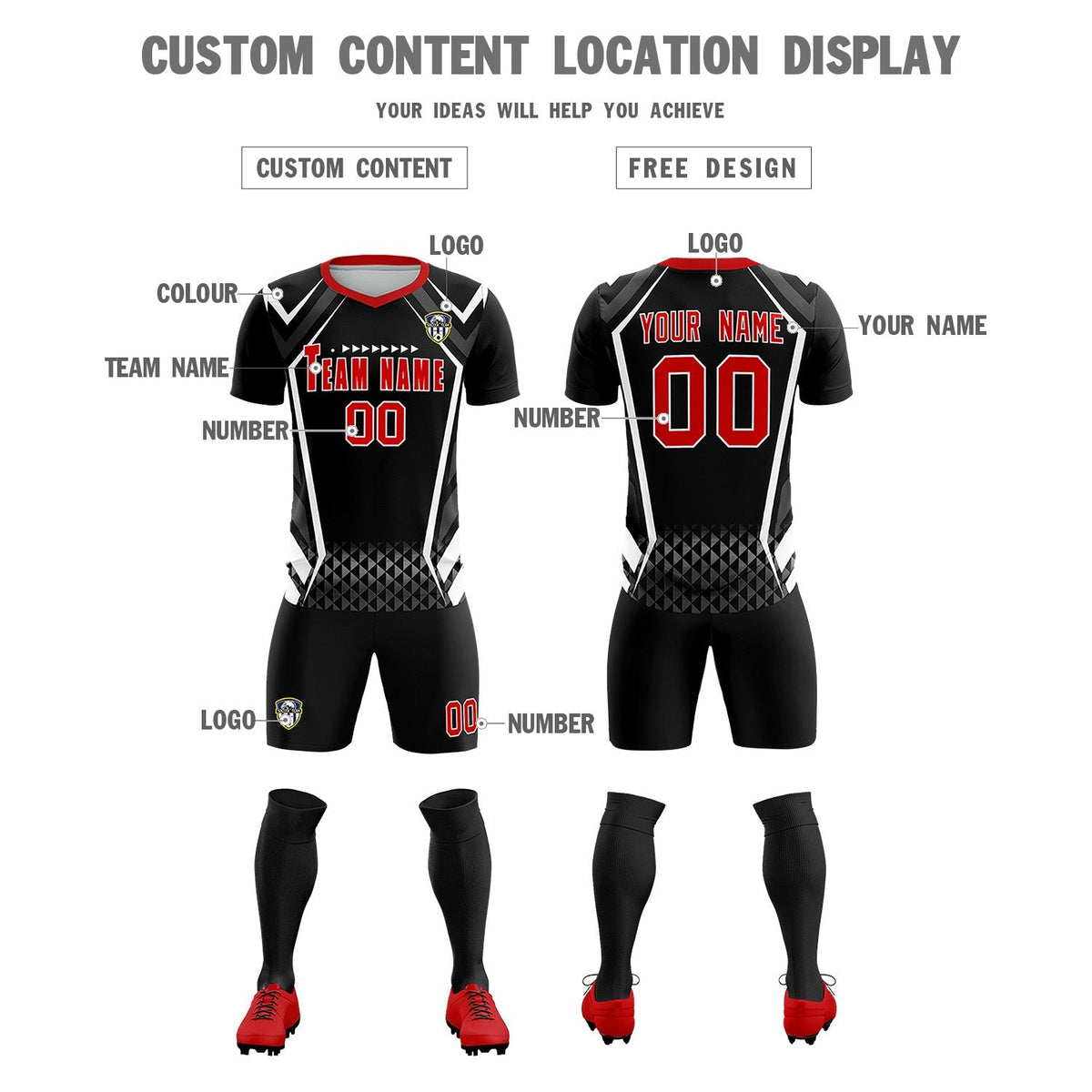 Custom Black Abstract Breathable Soccer Tops/Sets Jersey
