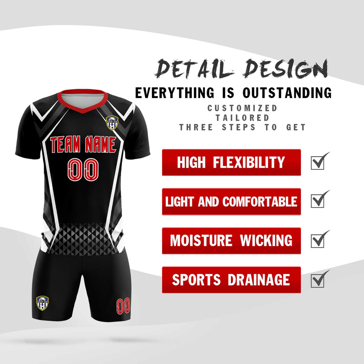 Custom Black Abstract Breathable Soccer Kit Jersey