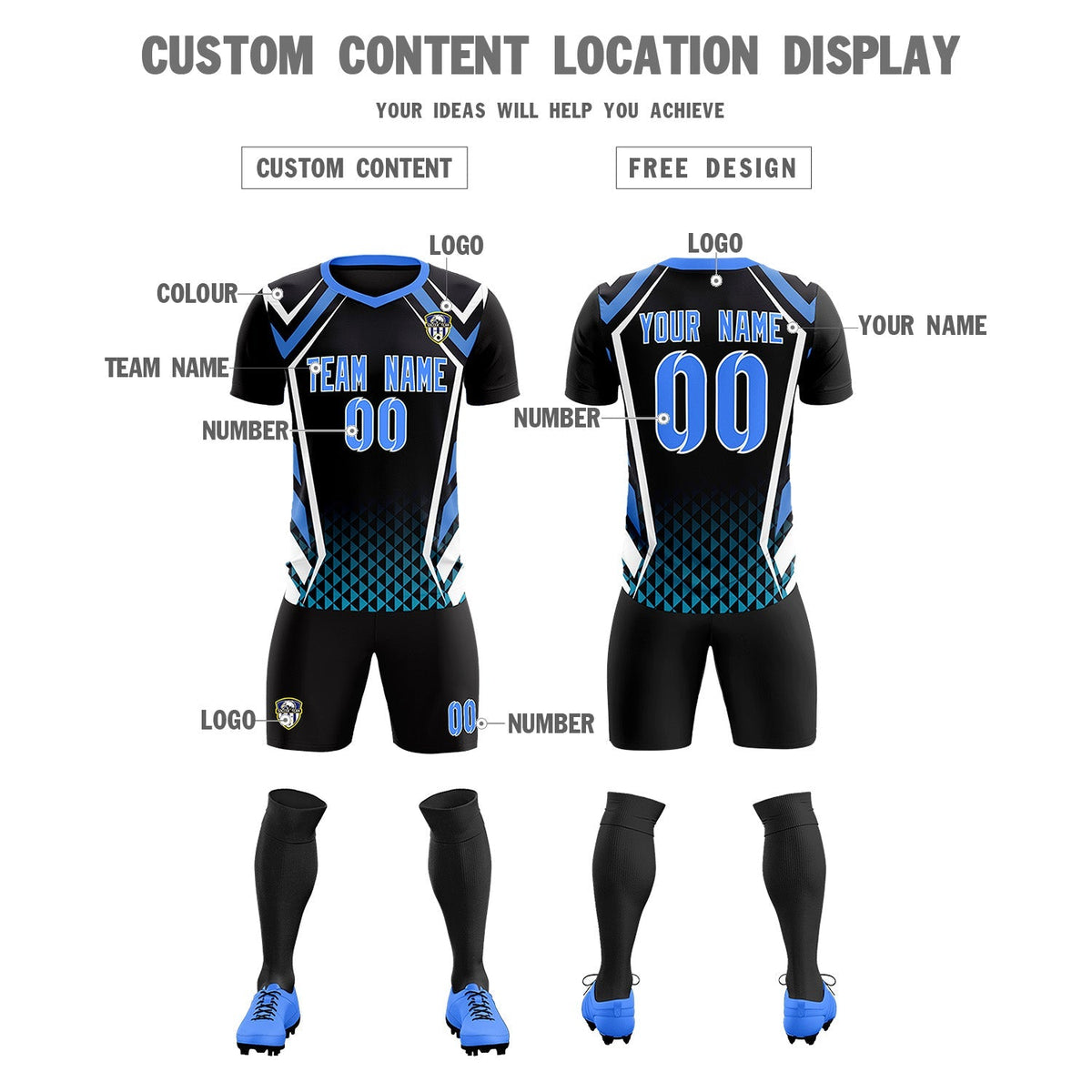 Custom Black Abstract Breathable Soccer Tops/Sets Jersey