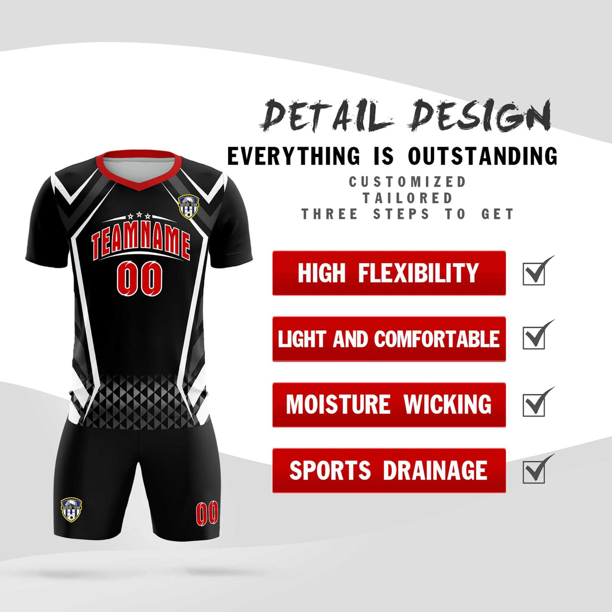 Custom Black Abstract Breathable Soccer Kit Jersey