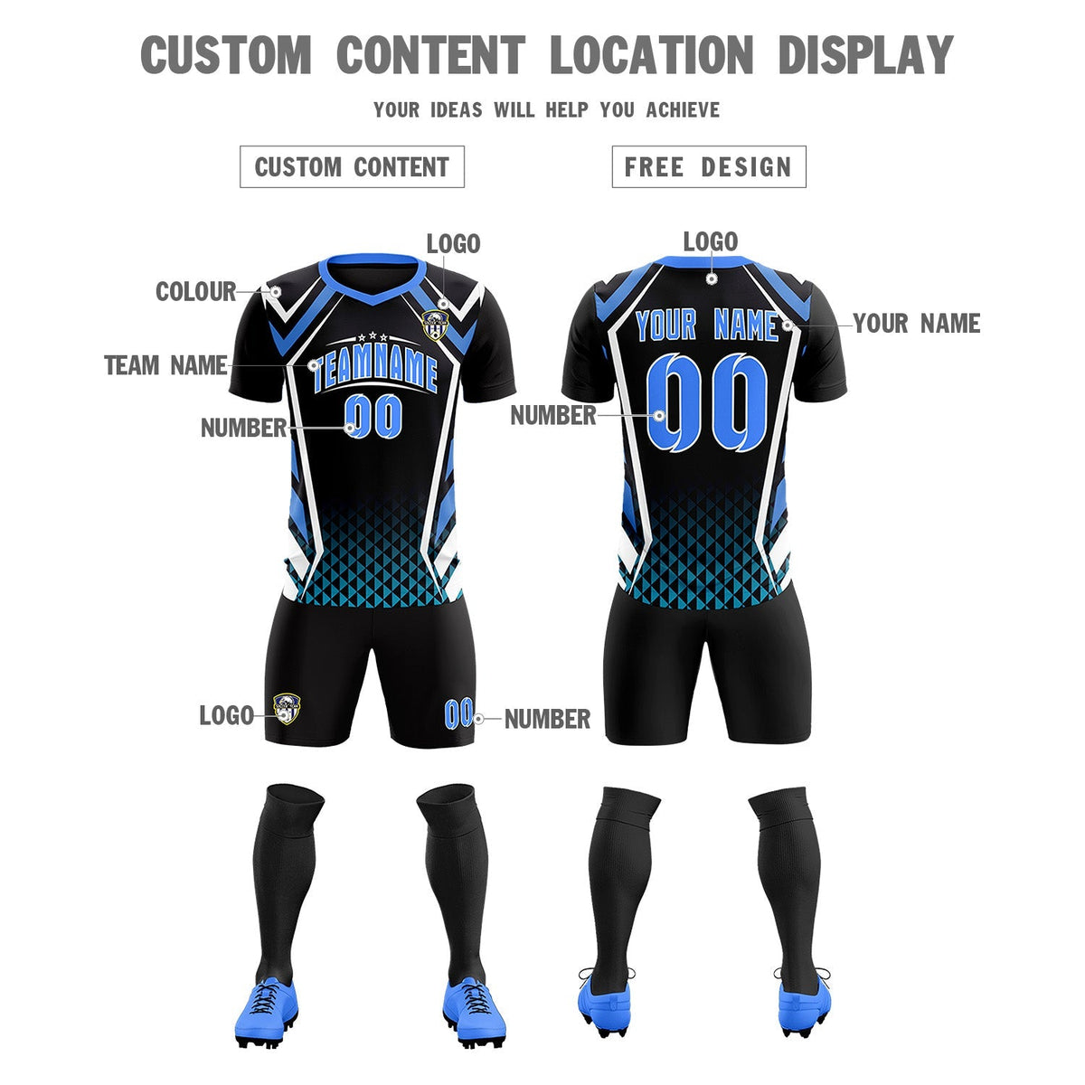 Custom Black Abstract Breathable Soccer Tops/Sets Jersey
