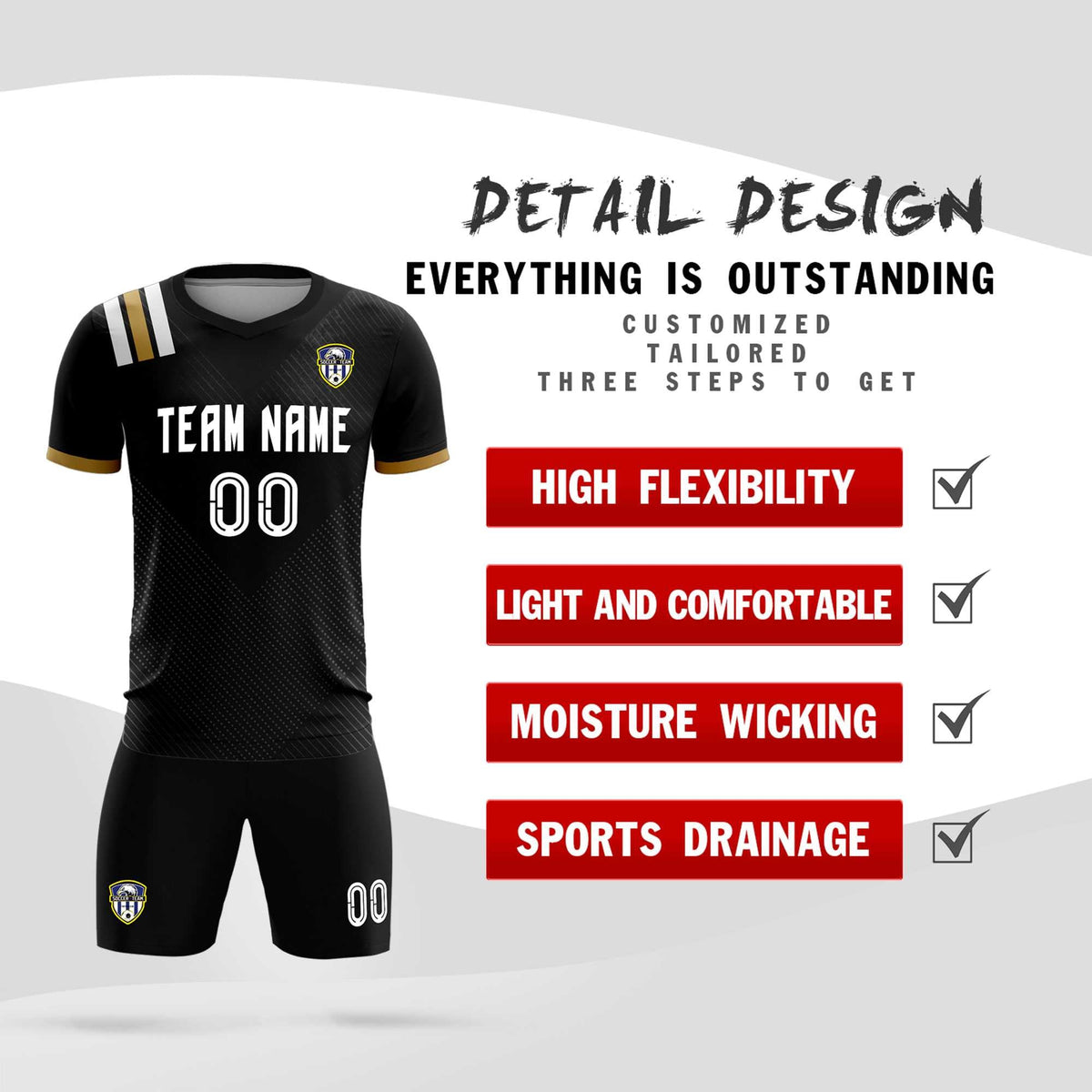 Custom Black Striped Sportswear Soccer Tops/Sets Jersey For Adults