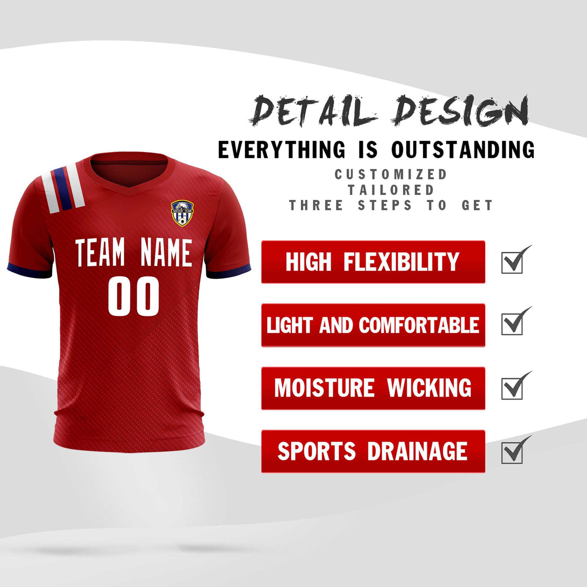 Custom Red Striped Sportswear Football Kit Jersey For Adults
