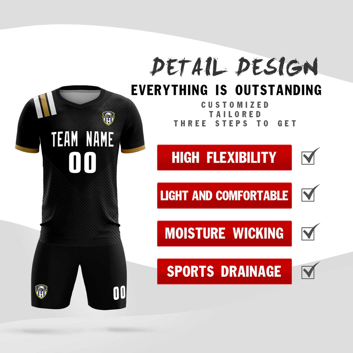 Custom Black Striped Sportswear Soccer Tops/Sets Jersey For Adults