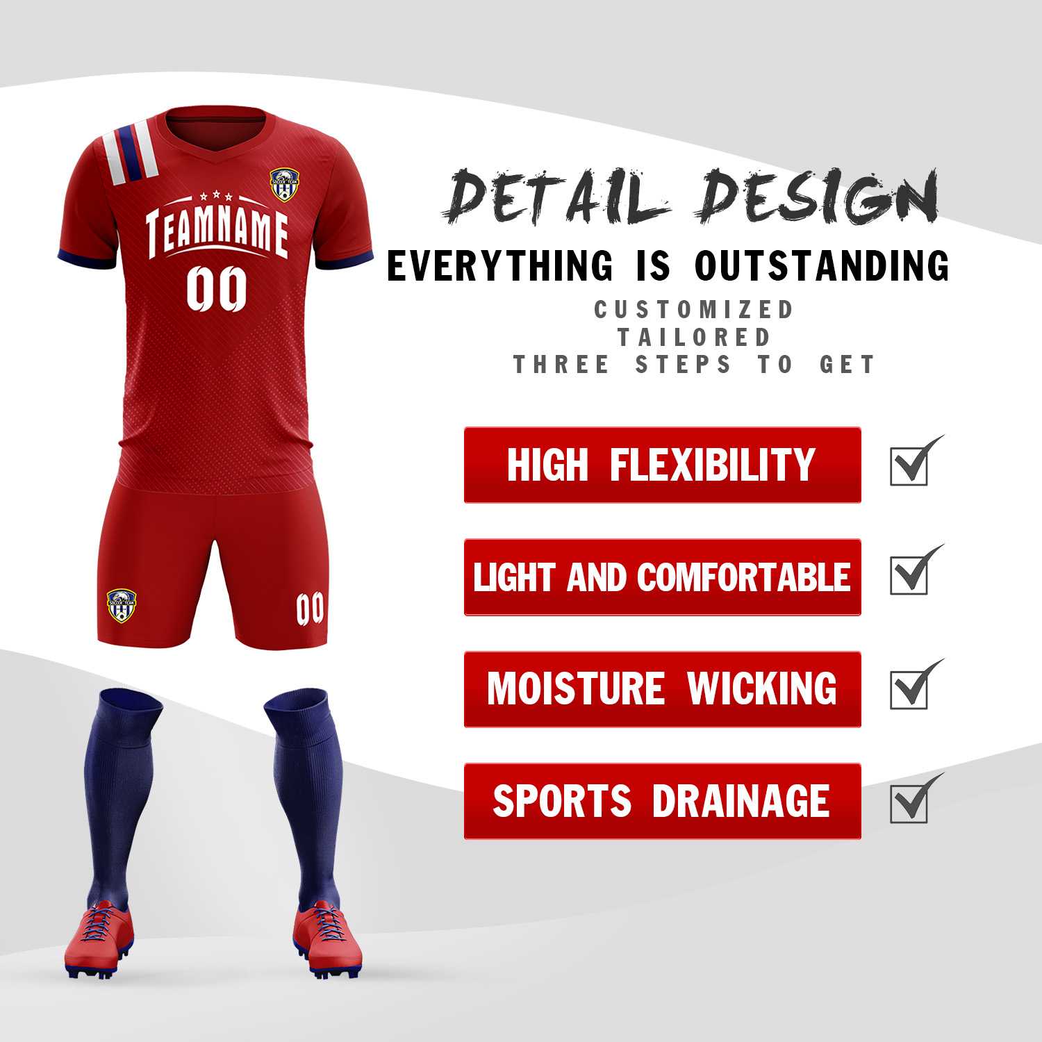 Custom Red Striped Sportswear Soccer Tops/Sets Jersey For Adults