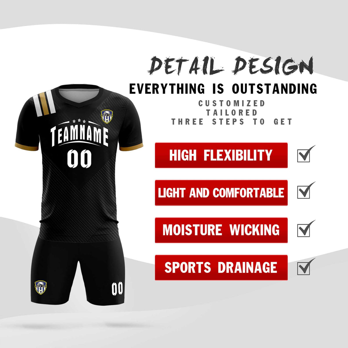 Custom Black Striped Sportswear Soccer Tops/Sets Jersey For Adults