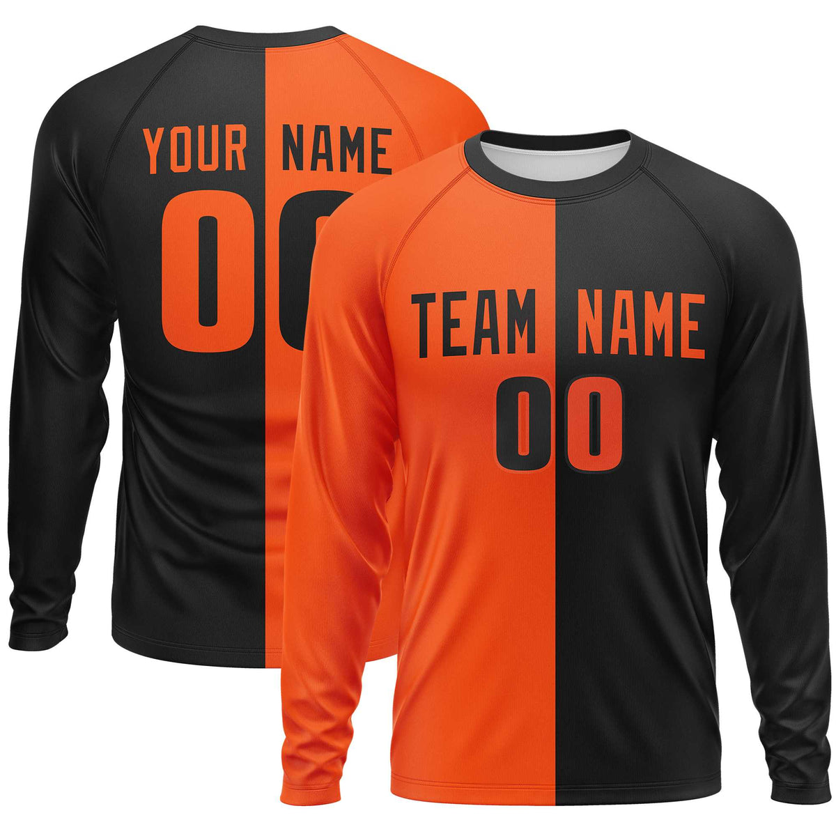 Custom Orange Black Neck Split Design Long Sleeve Performance T-Shirt