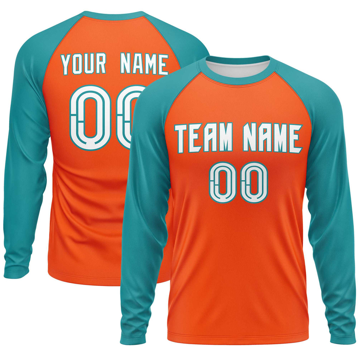 Custom Orange Aqua Crew Neck Split Design Long Sleeve Performance T-Shirt