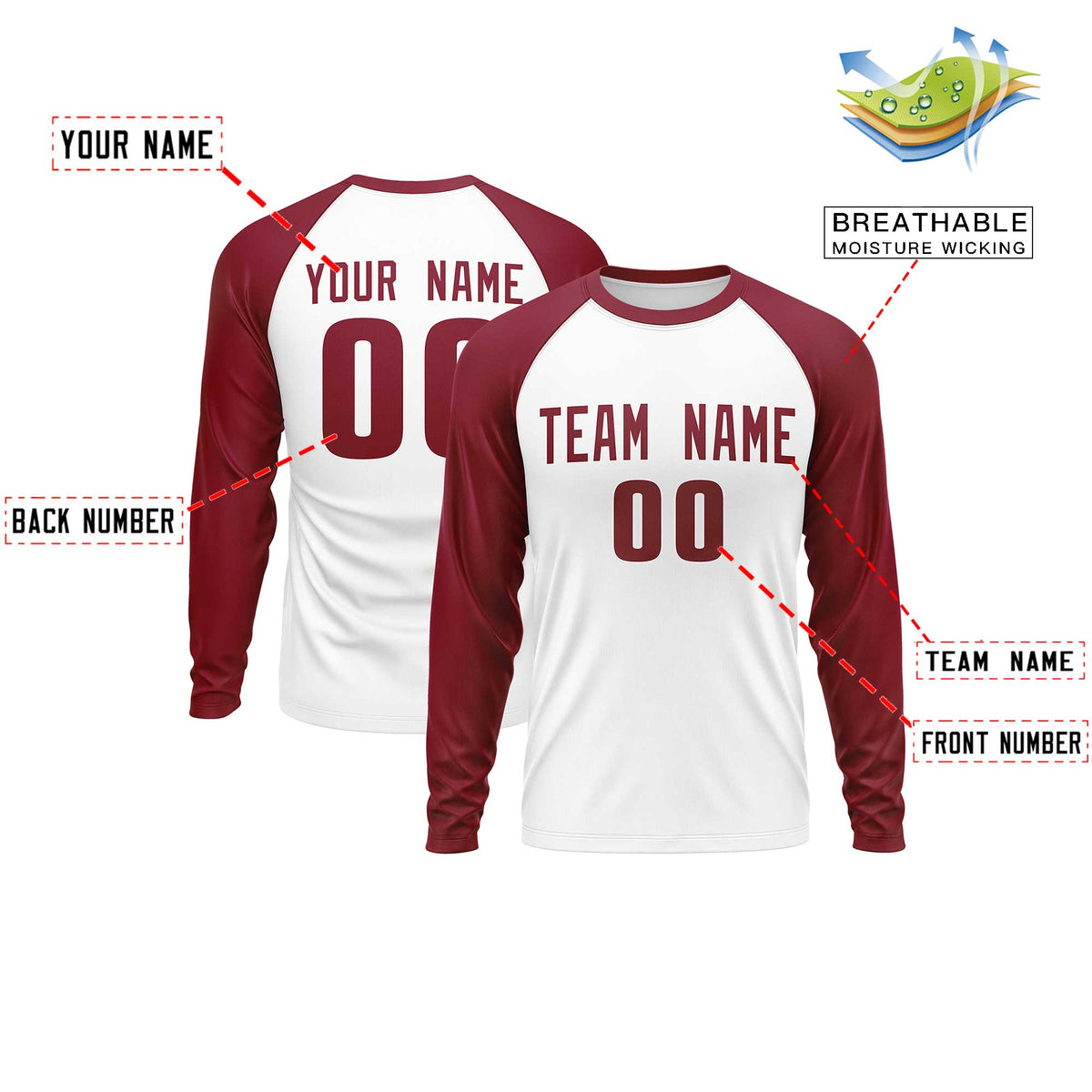 Custom White Crimson Crew Neck Split Design Long Sleeve Performance T-Shirt