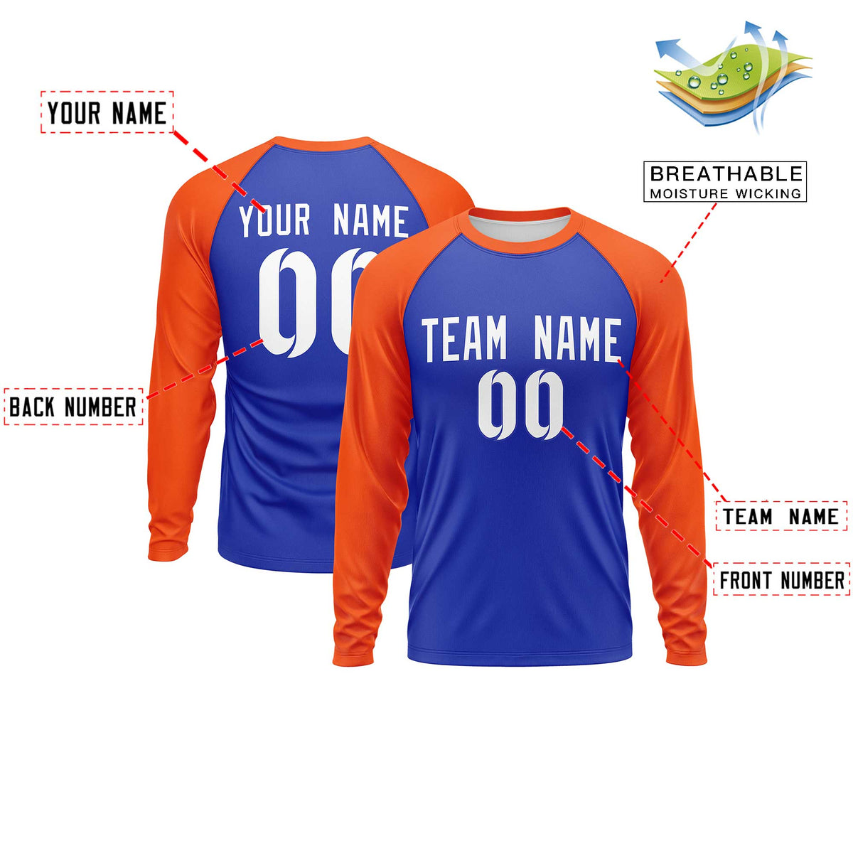 Custom Royal Orange Crew Neck Split Design Long Sleeve Performance T-Shirt