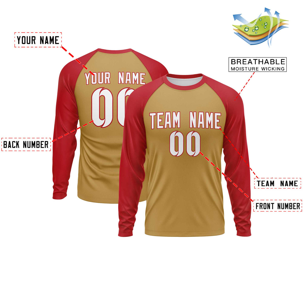 Custom Old Gold Red Crew Neck Split Design Long Sleeve Performance T-Shirt