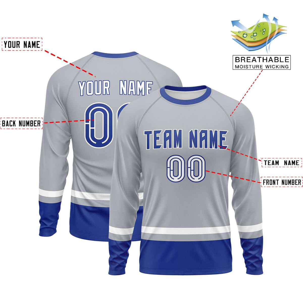 Custom Gray White-Royal Color Block Design Long Sleeve Performance T-Shirt