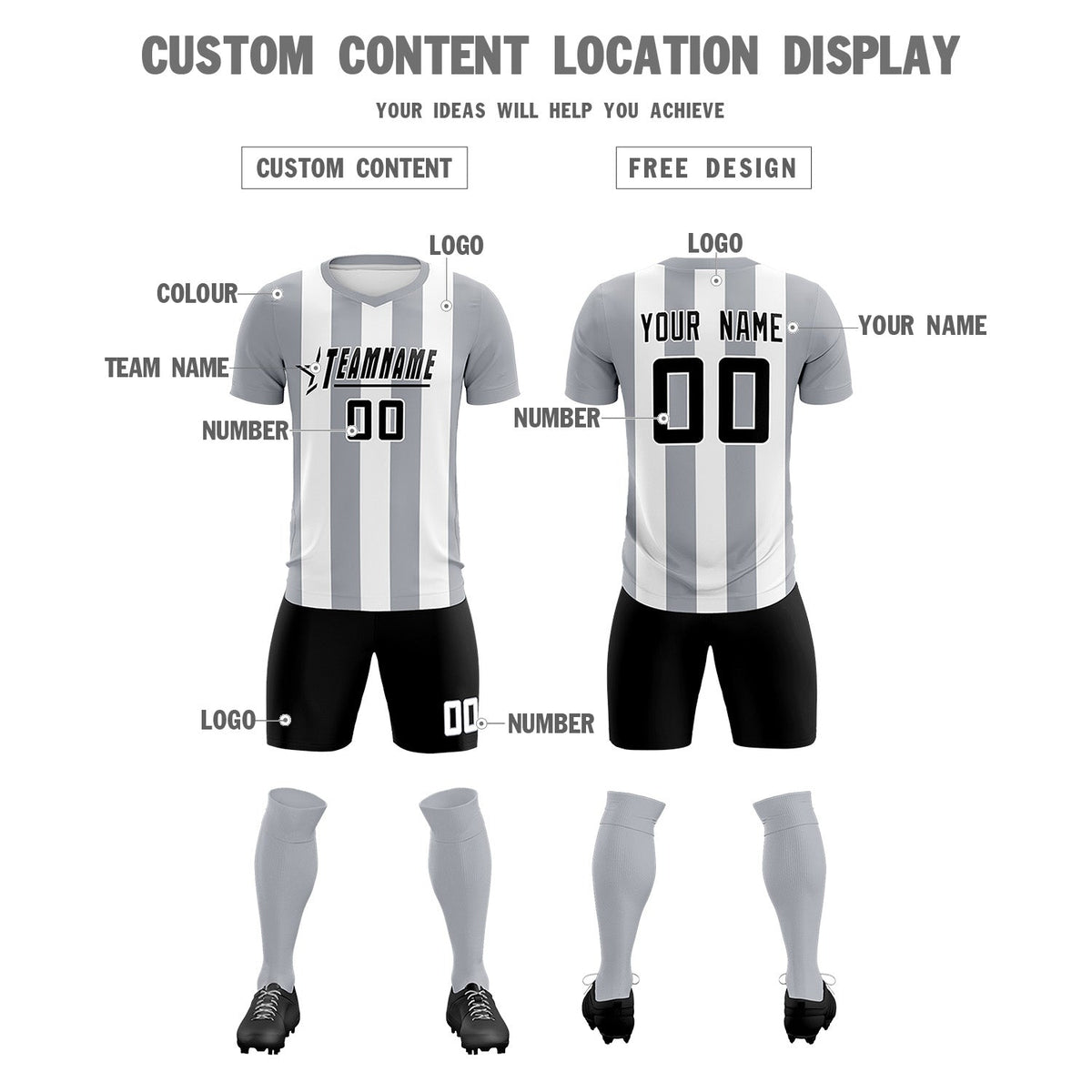 Custom White Gray Vertical Stripes Casual Outdoor Soccer Sets Jersey